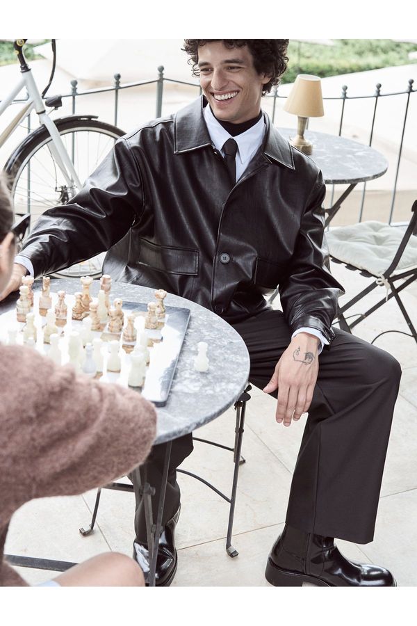 Koton Koton Faux Leather Jacket Shirt Snap Button Collar Double Flap Pocket Slim Fit