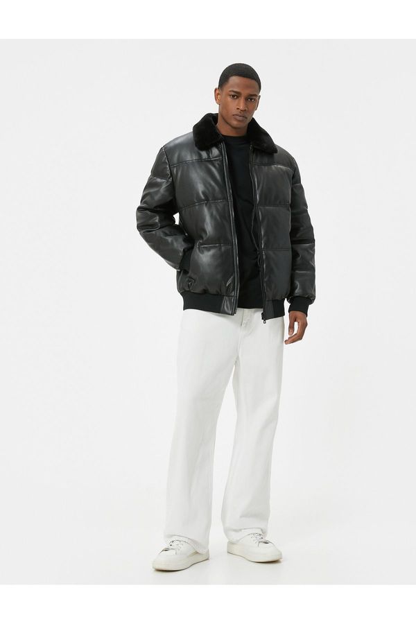 Koton Koton Faux Leather Puffer Jacket with Fur Collar and Pocket