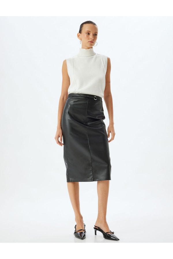 Koton Koton Faux Leather Skirt Midi Length Pencil Form Slit Belt Detail