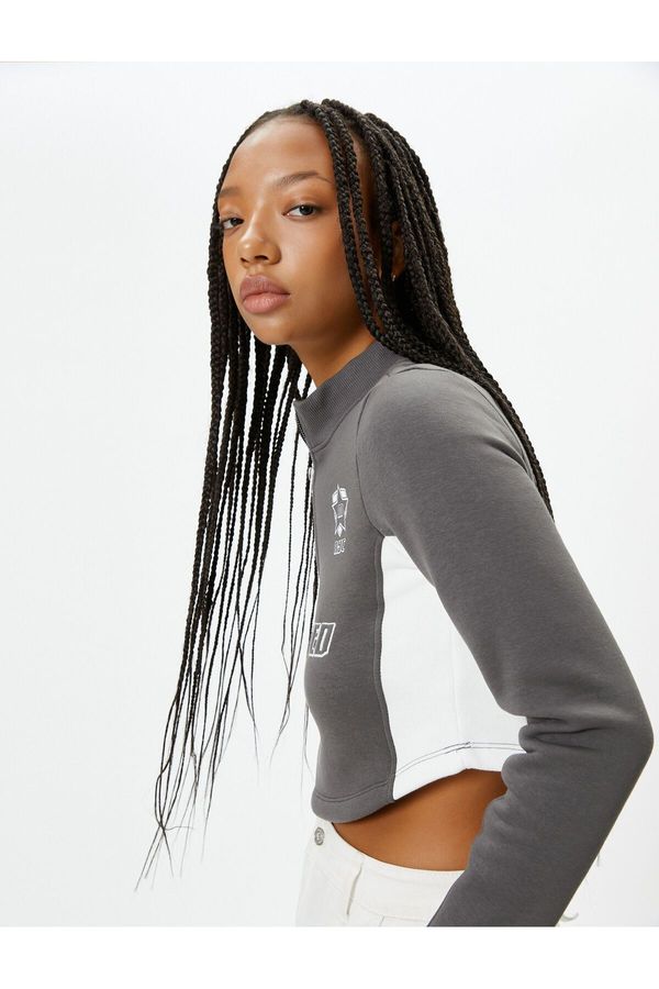 Koton Koton Half Zipper Crop Sweatshirt High Neck Color Block Printed Slim Fit