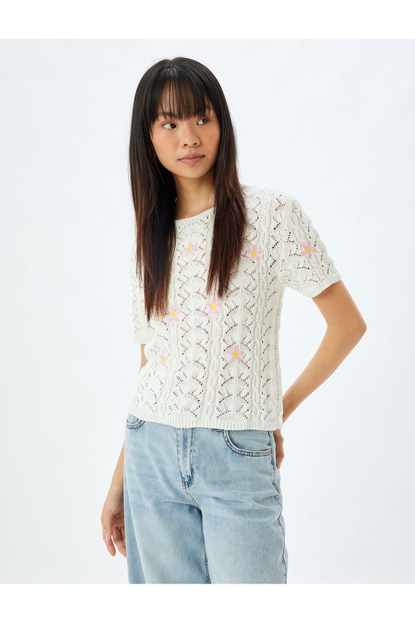 Koton Koton Knitwear Openwork Sweater Short Sleeve Crew Neck Floral Embroidered