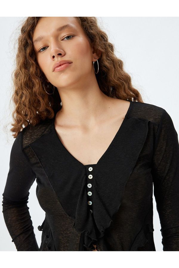 Koton Koton Long Sleeve Buttoned V Neck Ruffle Asymmetrical Blouse