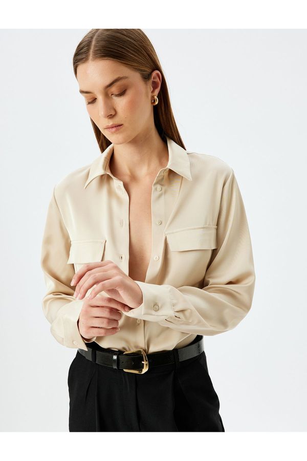 Koton Koton Long Sleeve Flap Pocket Detailed Satin Shirt