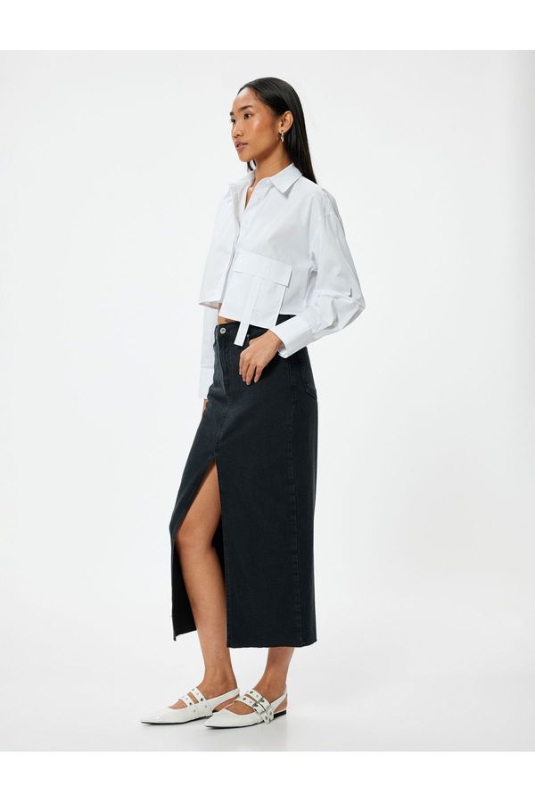 Koton Koton Midi Denim Skirt High Waist Button Slit Detailed