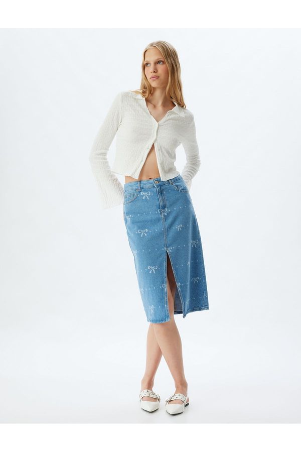 Koton Koton Midi Denim Skirt High Waist Slit Detail Bow Pattern Buttoned