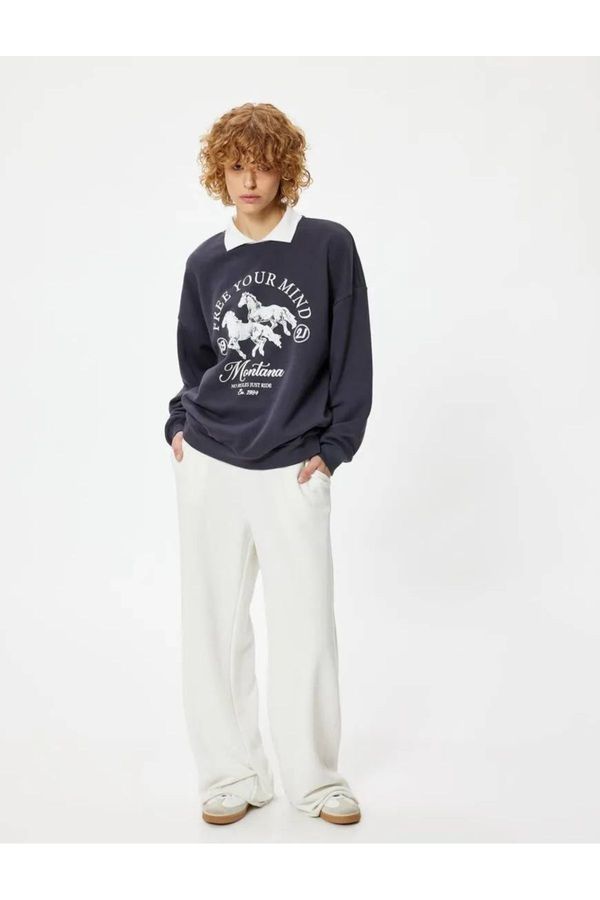 Koton Koton Oversize Polo Neck Sweatshirt College Themed Printed Ribbon