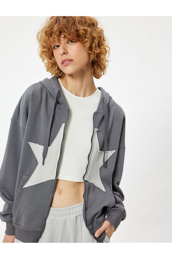 Koton Koton Oversize Zippered Sweatshirt with Star Embroidery Kangaroo Pocket