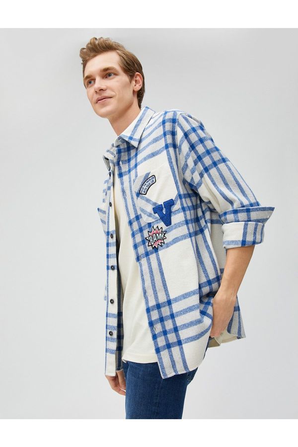Koton Koton Plaid College Shirt Jacket Embroidered Pocket Detailed Classic Collar
