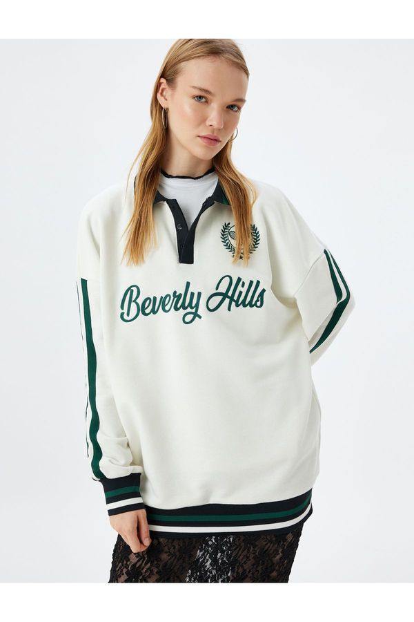 Koton Koton Polo Collar Sweatshirt Oversize College Embroidered Stripe Detail Buttoned Raised