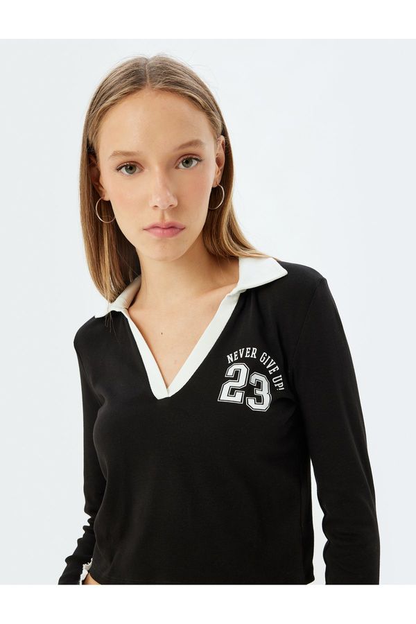 Koton Koton Polo Neck T-Shirt Crop Long Sleeve College Printed Piping Slim Fit