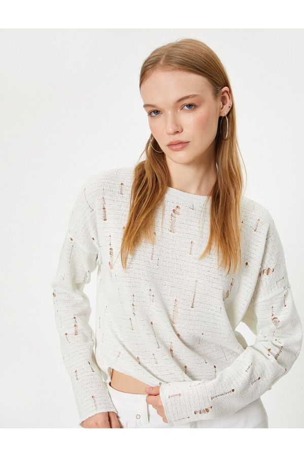 Koton Koton Ripped T-Shirt Long Sleeve Crew Neck Textured