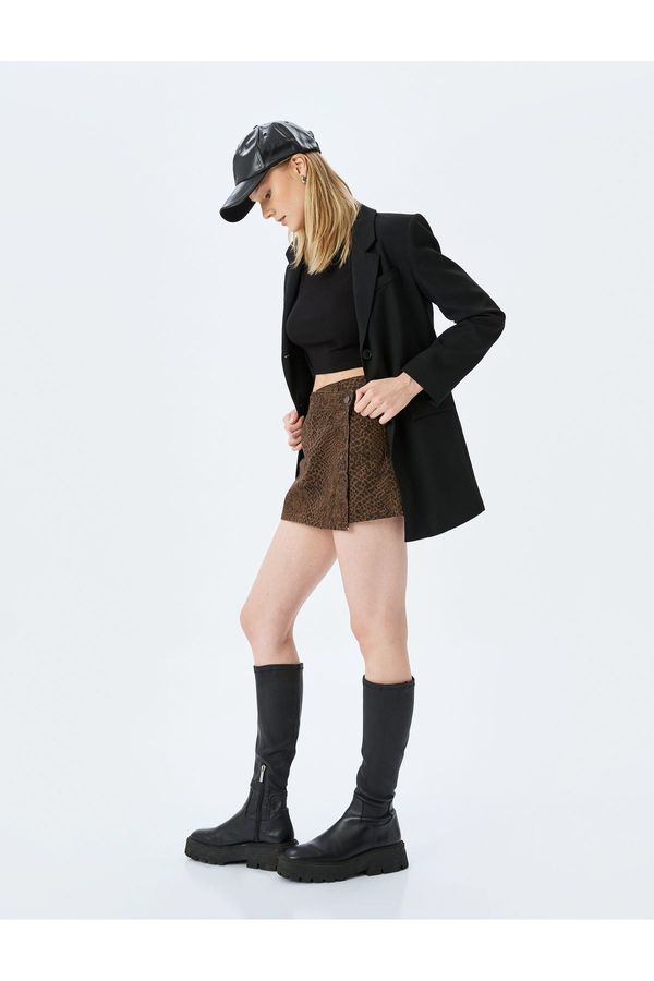 Koton Koton Snake Skin Print Buttoned Asymmetrical Cut Mini Shorts Skirt