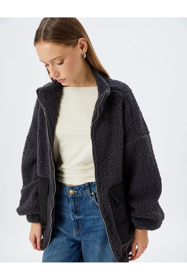 Koton Koton Stand Collar Zippered Pocket Detailed Plush Oversize Sweatshirt