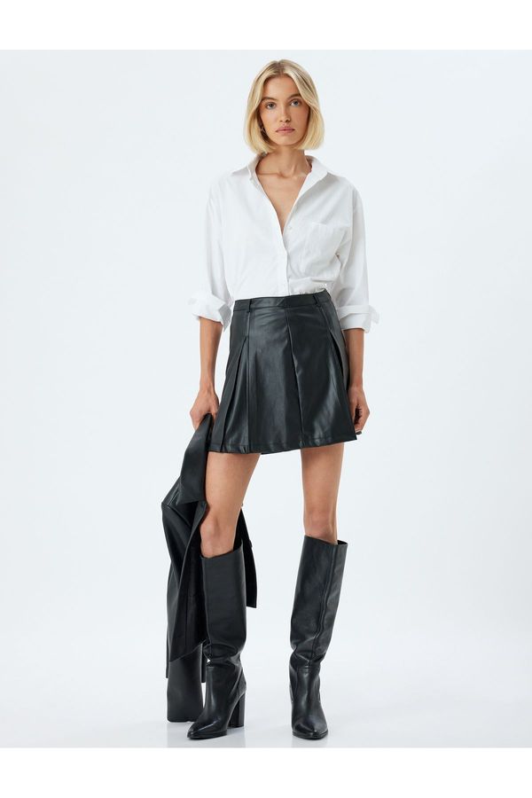 Koton Koton Standard Waist Pleated Mini Faux Leather Skirt