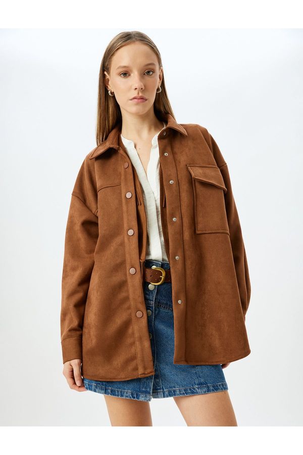 Koton Koton Suede Look Classic Collar Pocket Detailed Buttoned Oversize Shirt