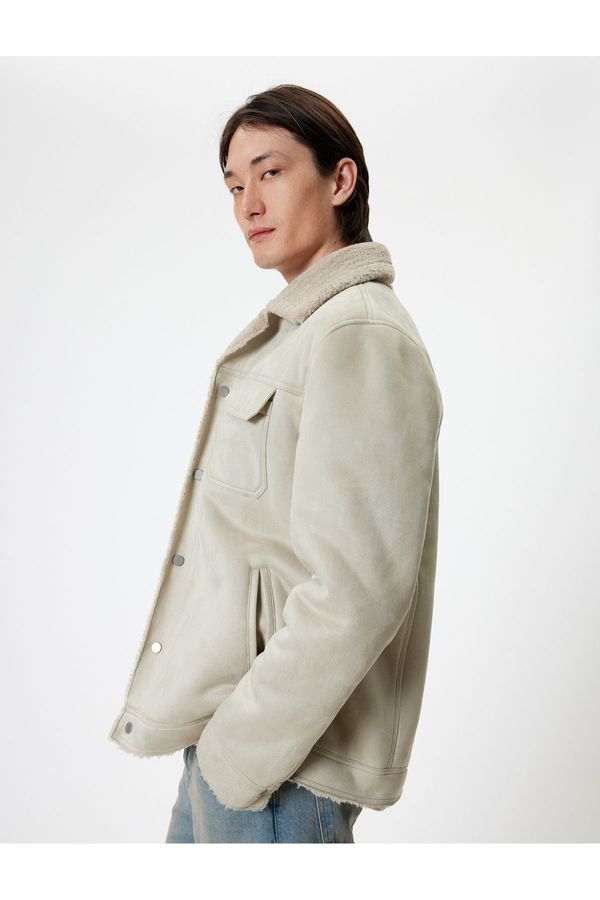 Koton Koton Suede Look Jacket Slim Fit Plush Detail Shirt Collar