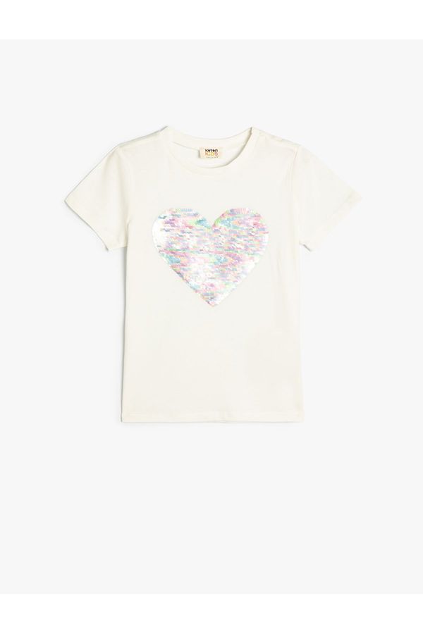 Koton Koton T-Shirt Sequined Sequined Heart Crew Neck Cotton