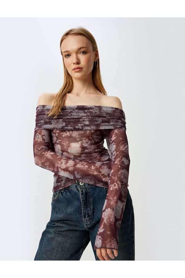 Koton Koton Transparent Blouse Off the Shoulder Madonna Collar Long Sleeve Floral Pattern