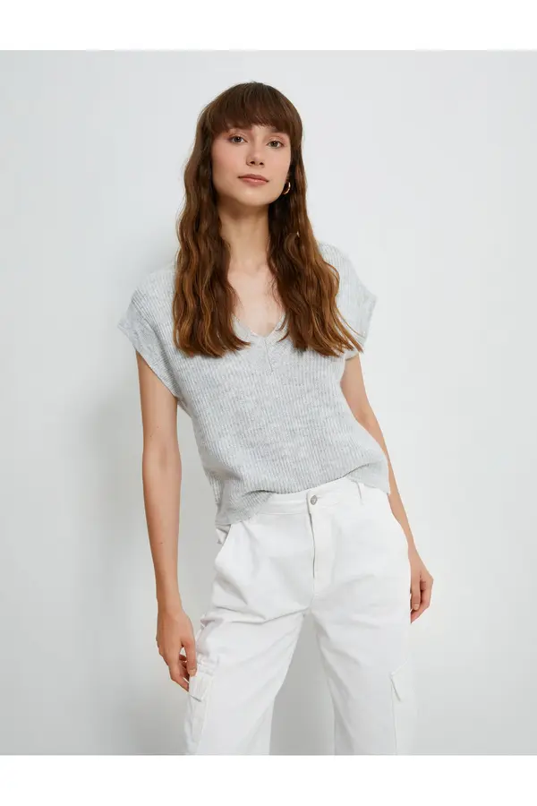 Koton Koton V-Neck džemper pletenje s rebrastim krevetom