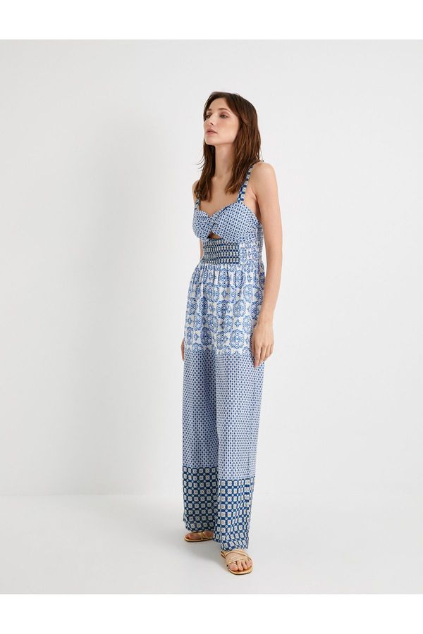 Koton Koton Wide Leg Jumpsuit Patterned Window Detailed Strap Gimped Cotton
