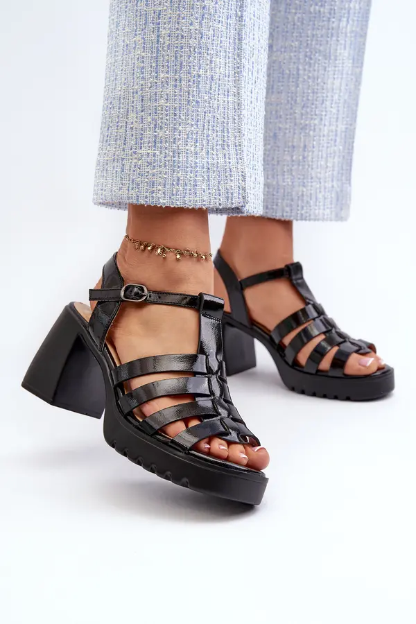 VINCEZA Lacquered Leather Women's Sandals On Heel Black Vinceza 66621