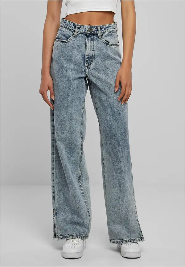 Urban Classics Ladies Wide Leg Slit Denim - blue