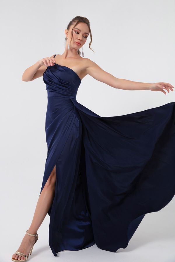 Lafaba Lafaba Women's Navy Blue One-Shoulder Satin Evening Dress & Graduation Dress