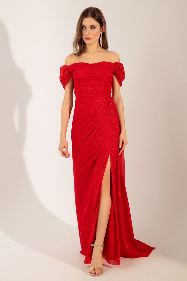 Lafaba Lafaba Women's Red Boat Neck Draped Slit Long Silvery Evening Dress