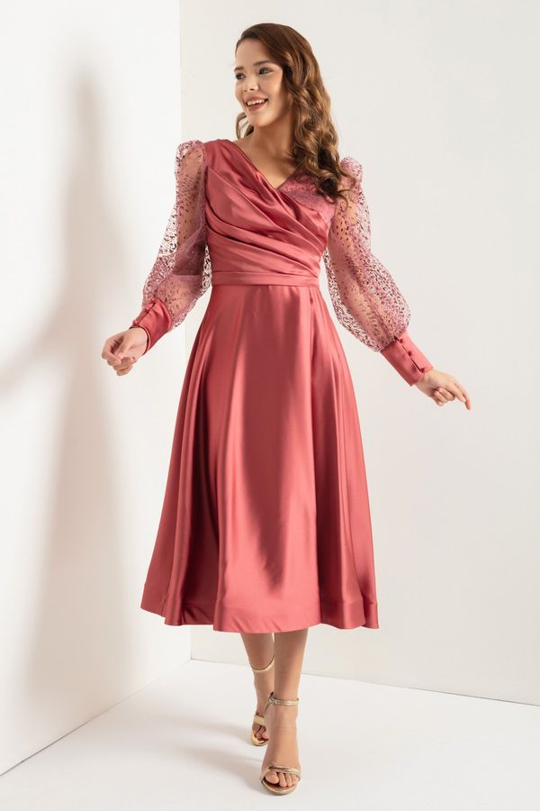 Lafaba Lafaba ženski losos dvostruki grudi vrat srebrnasta midi satenska večernja haljina