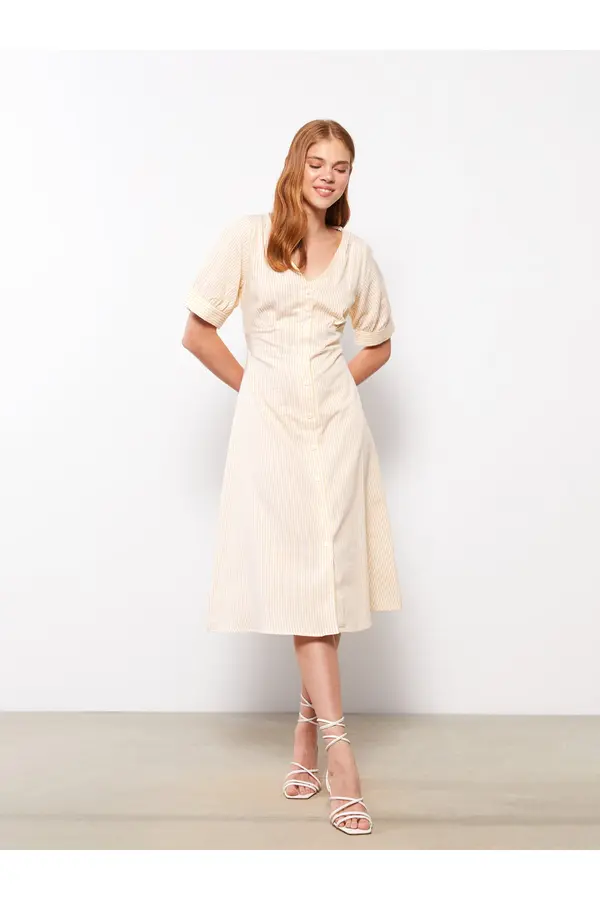 LC Waikiki LC Waikiki Women's V-Neck Striped Short Sleeve Poplin Dress