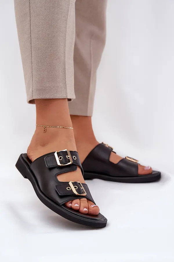 EVENTO Leather Flat Sandals With Buckles Zazoo 3020 Black