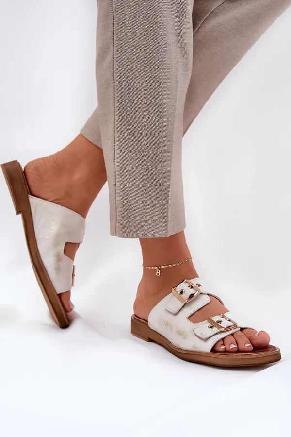 Zazoo Leather Flat Sandals With Buckles Zazoo 3020 Worn Gold