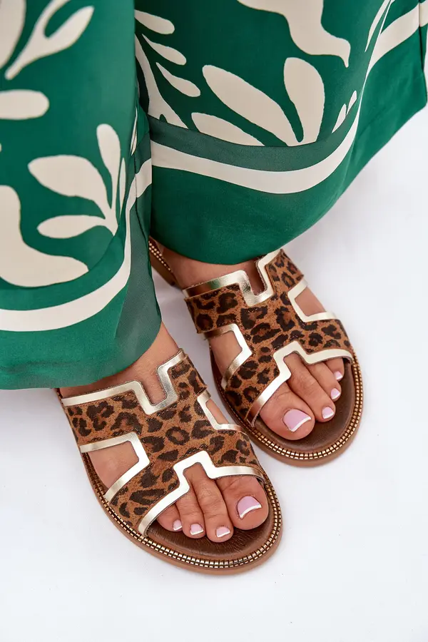 Zazoo Leather Flat Slippers With Panther Print Zazoo