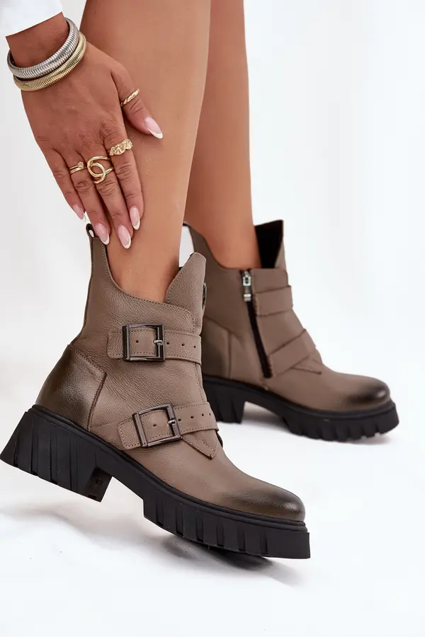 Zazoo Leather Insulated Women's Ankle Boots With Buckles And Decorative Detail Zazoo