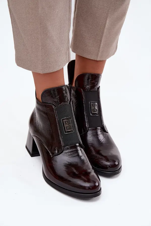 Zazoo Leather Lacquered Block Heel Ankle Boots with Decorative Detail Insulated Zazoo