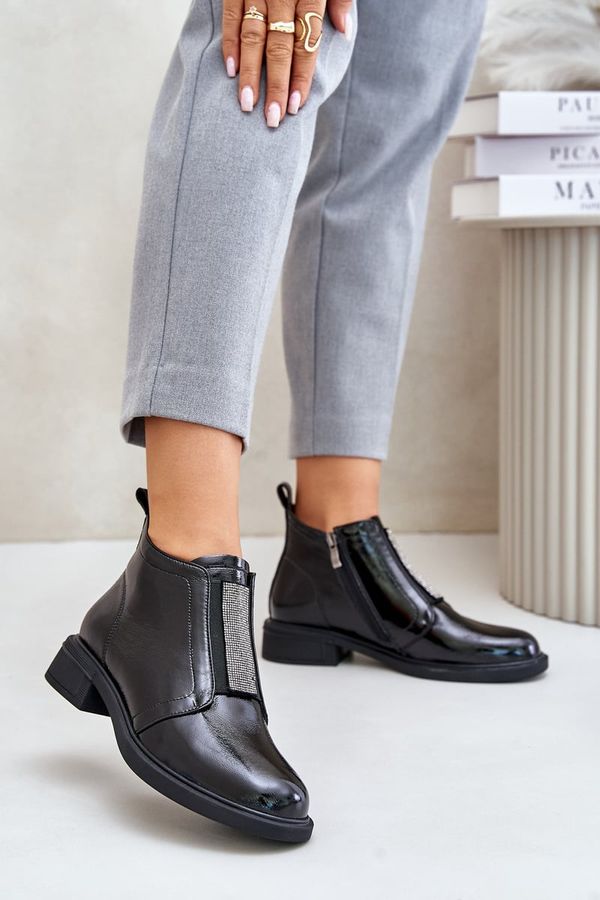 S. BARSKI Leather patent leather low ankle boots with decorative zipper D&A black