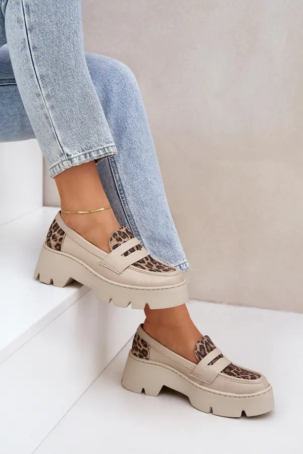 Zazoo Leather Women Loafers On Platform And Flat Heel Leopard Light Beige Zazoo 20191