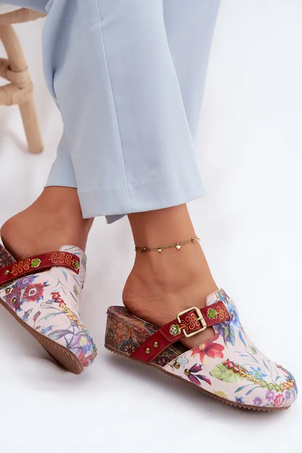 Maciejka Leather Women's Mules with Wedge with Flowers Maciejka