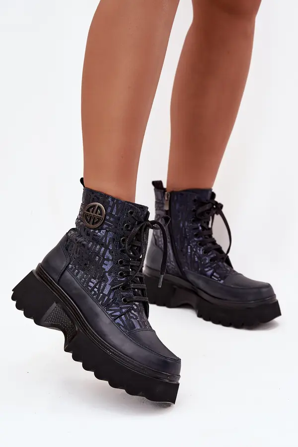 ARTIKER Leather Women's Platform Boots with Texts and Decorative Detail Artiker