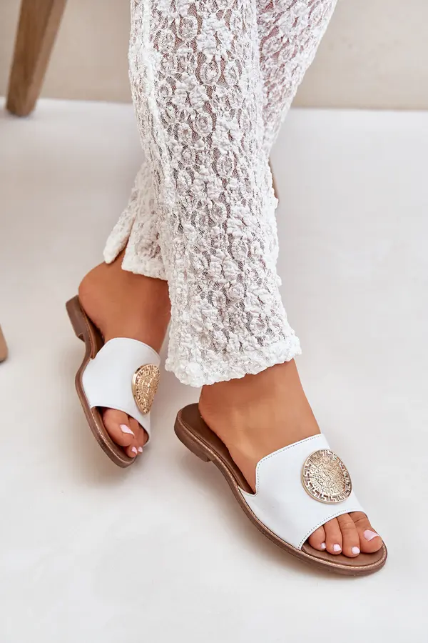 Boto Lewski Shoes Leather Slippers With Decoration On Flat Heel White Zazoo