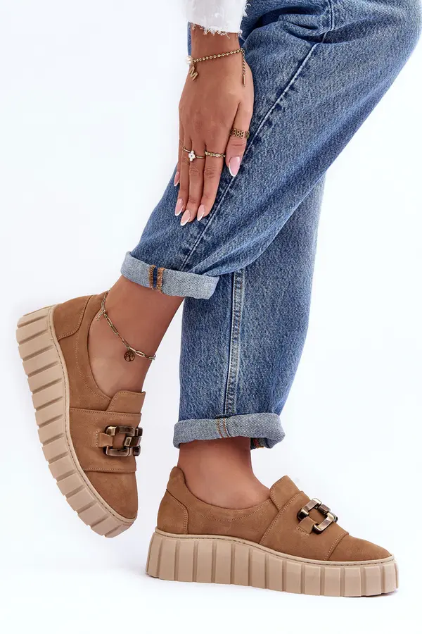 Boto Lewski Shoes Women's Suede Shoes on Platform with Decoration Dark Beige Lewski 3398