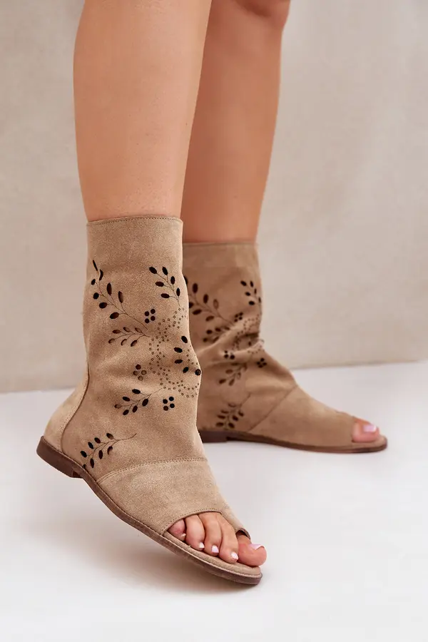 Boto Lewski Shoes Zazoo 3437 Women's Suede Sandals With Zipper Beige