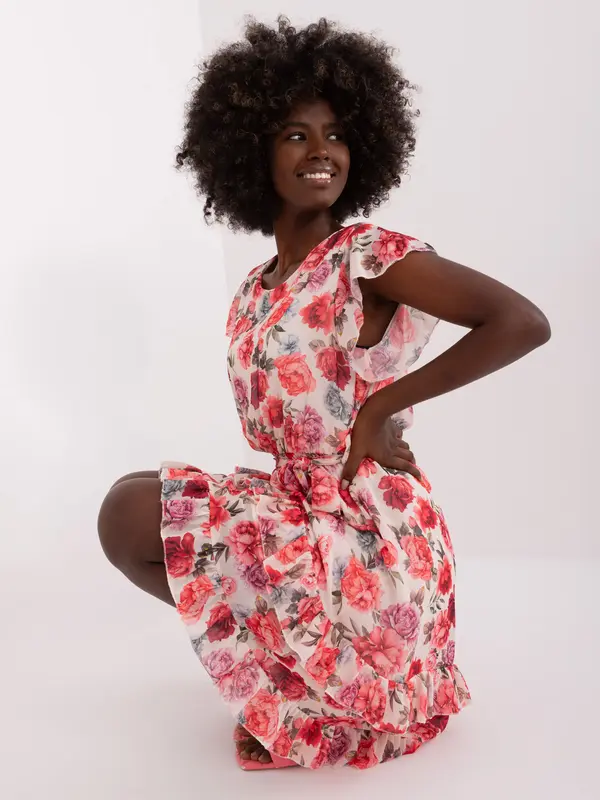 Fashionhunters Light beige and red floral dress with belt