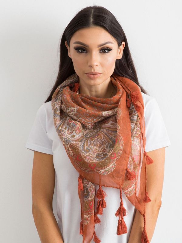 Fashionhunters Light brown scarf with fringe and print