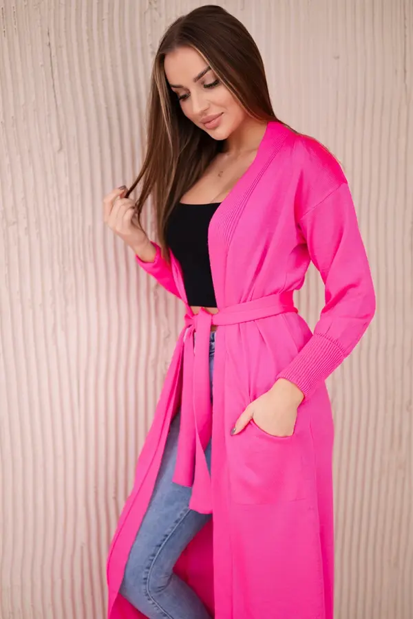 Kesi Long cardigan sweater with waist tie pink neon