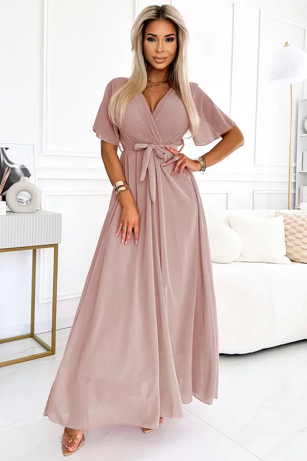 numoco basic Long dress with a pleated neckline and Numoco ties