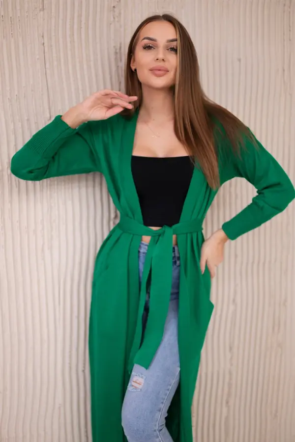 Kesi Long sweater with waist tie in green color