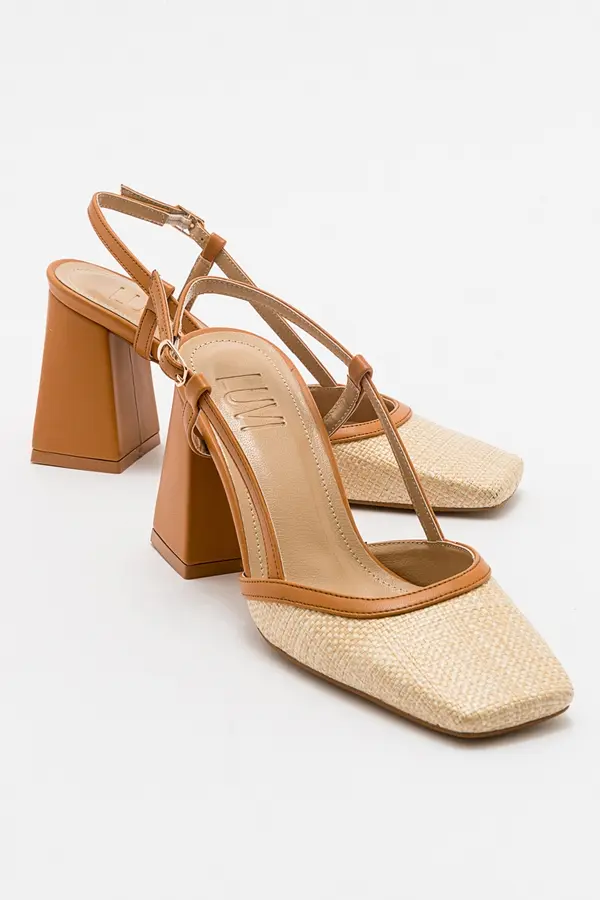 LuviShoes LuviShoes RIVIERE Brown Straw Women's Flat Toe Thick Heeled Shoes