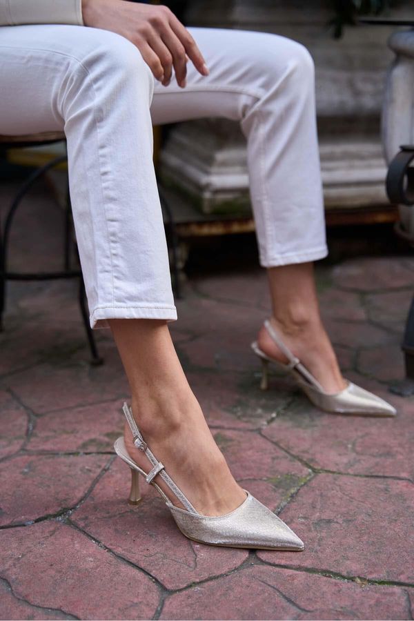 Madamra Madamra Women's Gold Patterned Thin Heeled Shoes