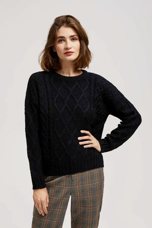 Marisse Marisse Black Long Sleeve Sweater With Decorative Weave